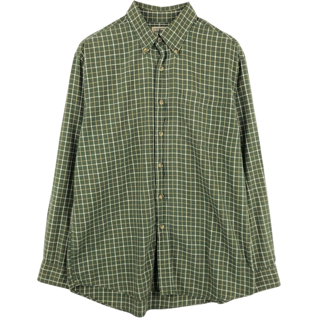 LLBean Long Sleeve Button-Down Light Flannel Check Shirt, Men's Size Medium cotton green type Vintage Second Hand