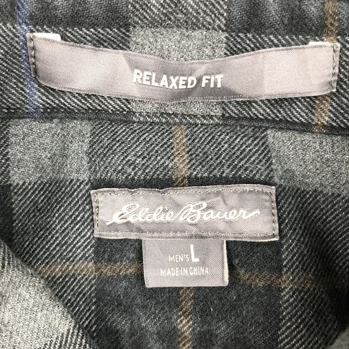 Eddie Bauer Relaxed Fit Long-Sleeve Button-Down Light Flannel Check Shirt, Men's Size L (approx.) cotton black type Vintage Second Hand