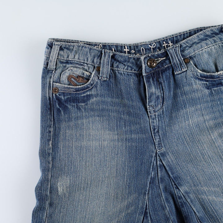 Industrial cotton denim long flared skirt, women's size XL equivalent, zipper fly. cotton blue type Vintage Second Hand