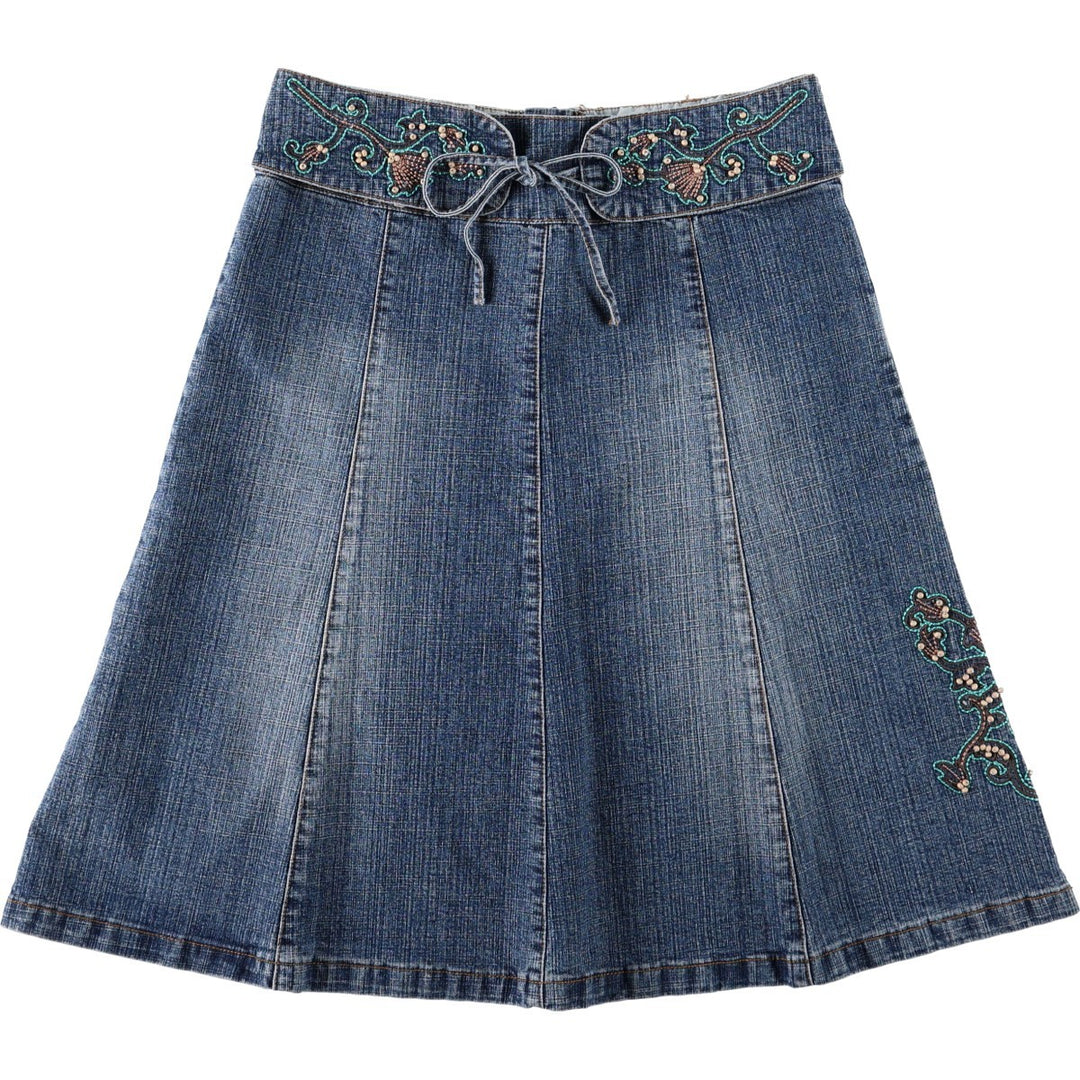 Outfit: Beaded embroidered denim half-length A-line skirt, women's size XL. cotton blue type Vintage Second Hand