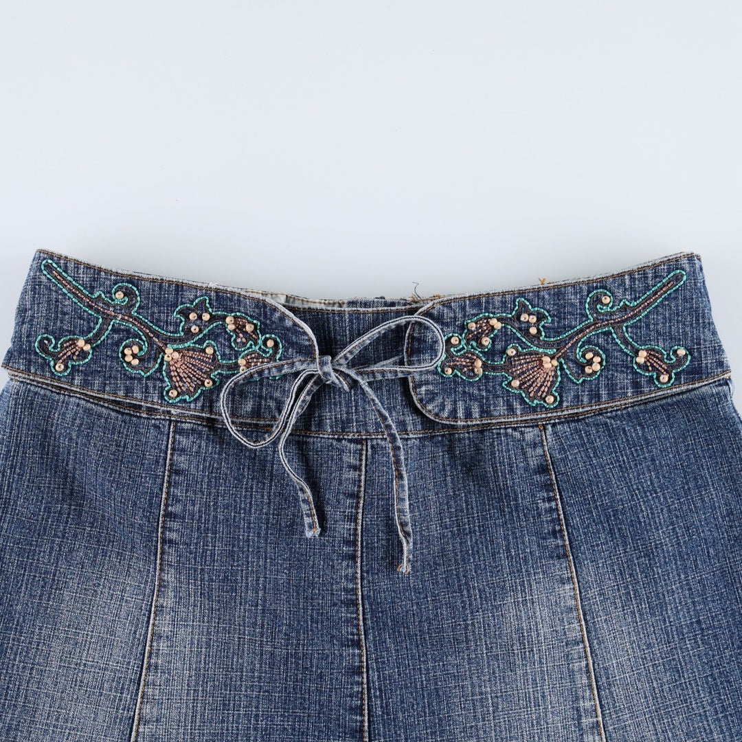 Outfit: Beaded embroidered denim half-length A-line skirt, women's size XL. cotton blue type Vintage Second Hand