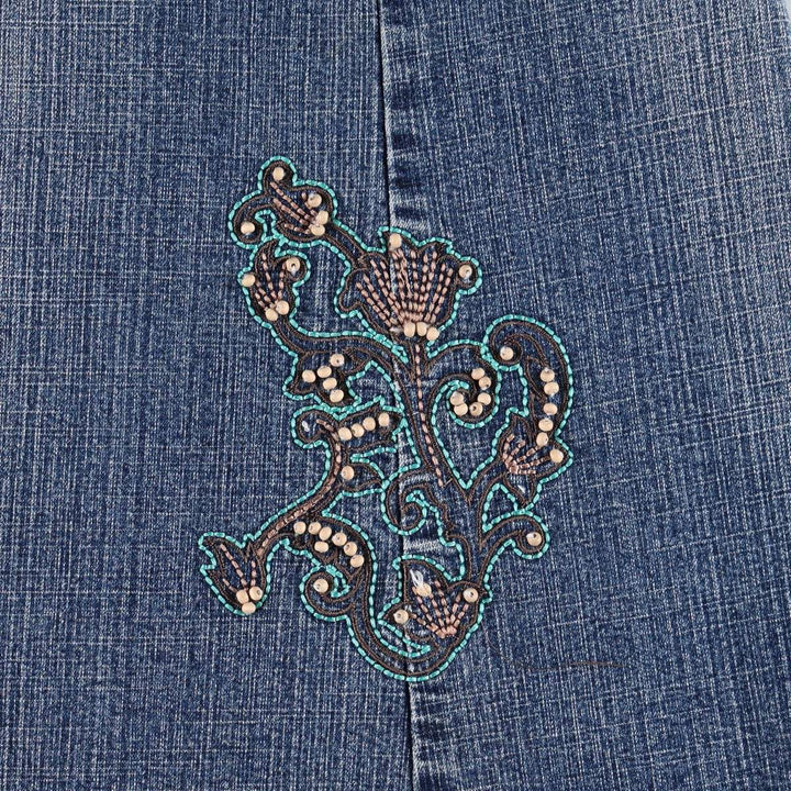 Outfit: Beaded embroidered denim half-length A-line skirt, women's size XL. cotton blue type Vintage Second Hand