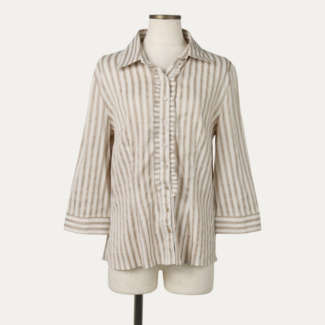 Striped Pattern Open Collar Long Sleeve Frill Blouse, Women's Size S (Equivalent), Vintage unclear white type Vintage Second Hand