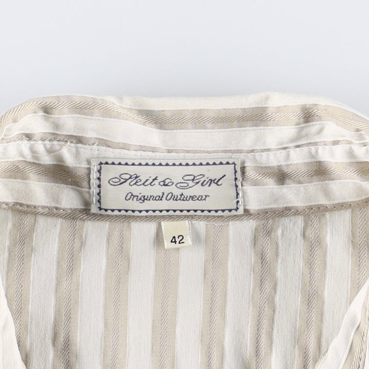 Striped Pattern Open Collar Long Sleeve Frill Blouse, Women's Size S (Equivalent), Vintage unclear white type Vintage Second Hand