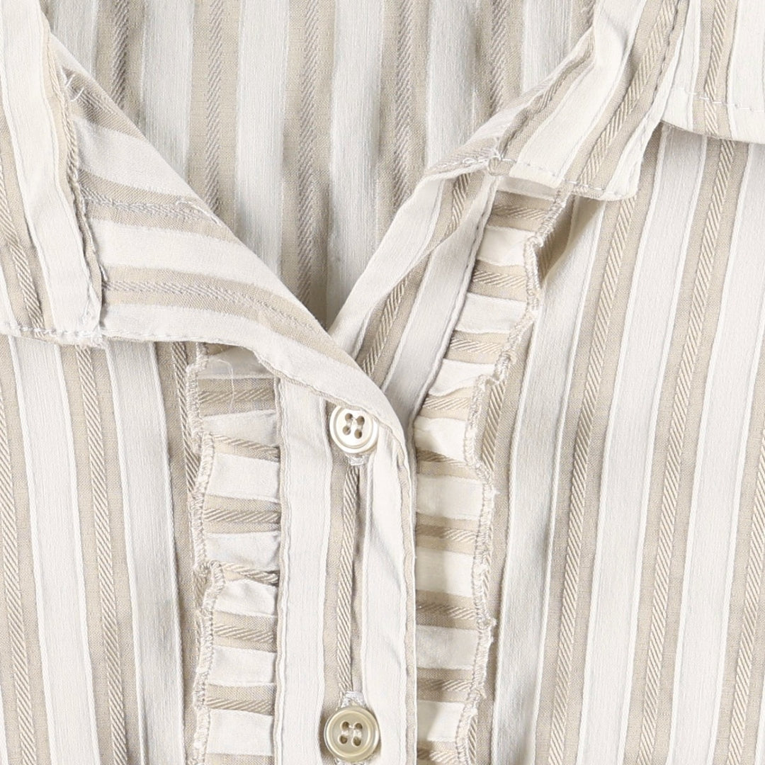 Striped Pattern Open Collar Long Sleeve Frill Blouse, Women's Size S (Equivalent), Vintage unclear white type Vintage Second Hand