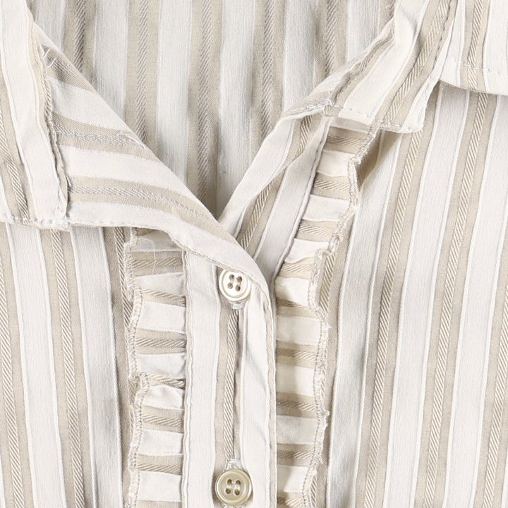 Striped Pattern Open Collar Long Sleeve Frill Blouse, Women's Size S (Equivalent), Vintage unclear white type Vintage Second Hand