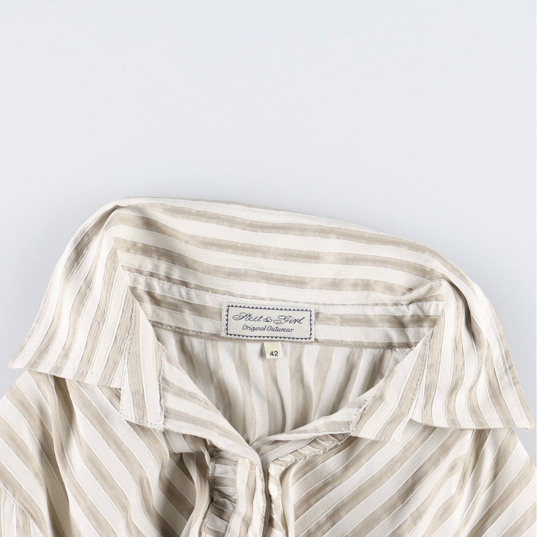 Striped Pattern Open Collar Long Sleeve Frill Blouse, Women's Size S (Equivalent), Vintage unclear white type Vintage Second Hand