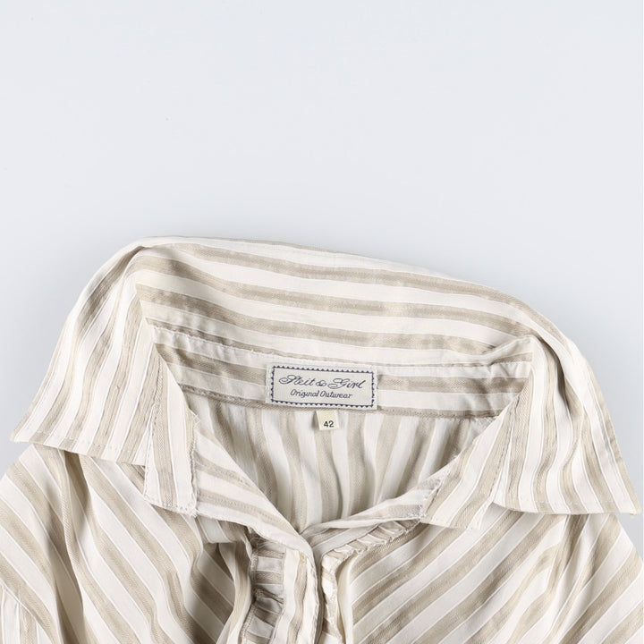 Striped Pattern Open Collar Long Sleeve Frill Blouse, Women's Size S (Equivalent), Vintage unclear white type Vintage Second Hand