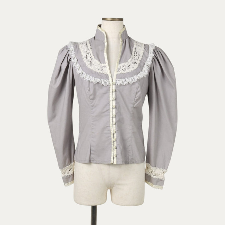 1970'S Gunnesax Jessica Stand Collar Cutwork Embroidery Long Sleeve Blouse, Made in USA, Women's Size XS (approx.) Vintage cotton purple type Vintage Second Hand