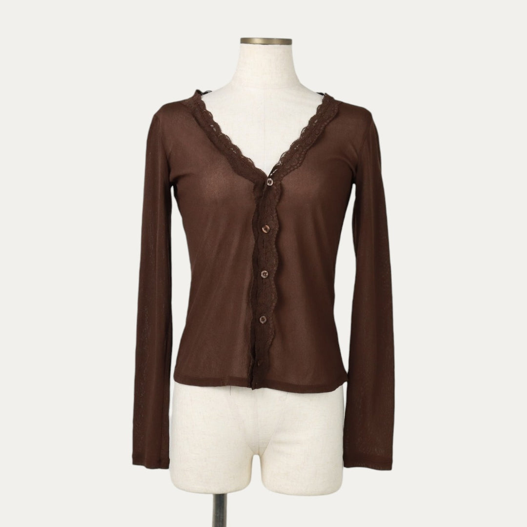 JNY JENNYFER V-neck Lace Long-Sleeve Sheer Blouse, Women's Size L (approx.) polyamide brown type Vintage Second Hand