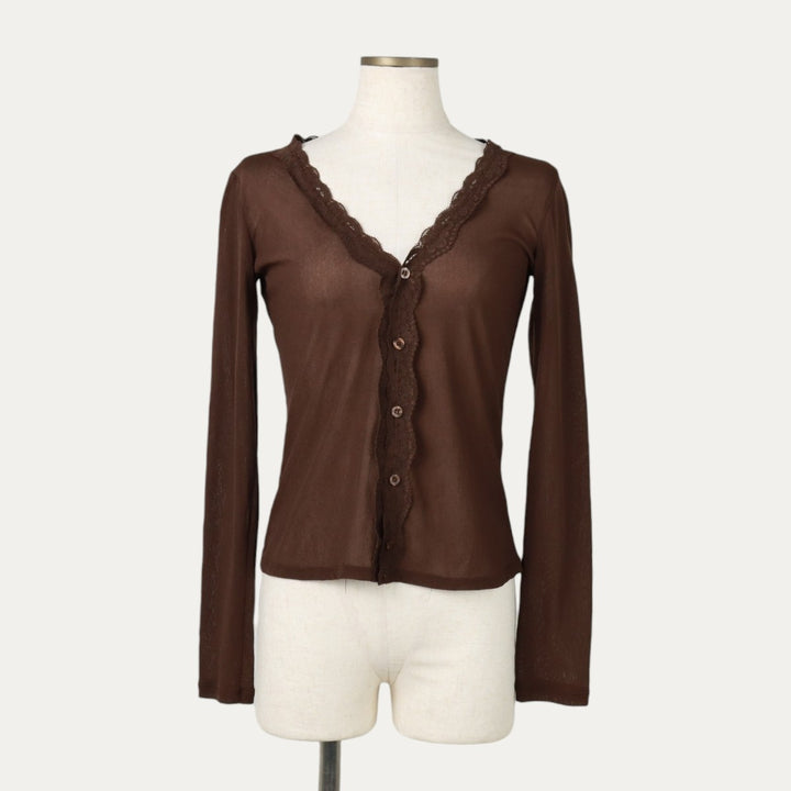 JNY JENNYFER V-neck Lace Long-Sleeve Sheer Blouse, Women's Size L (approx.) polyamide brown type Vintage Second Hand