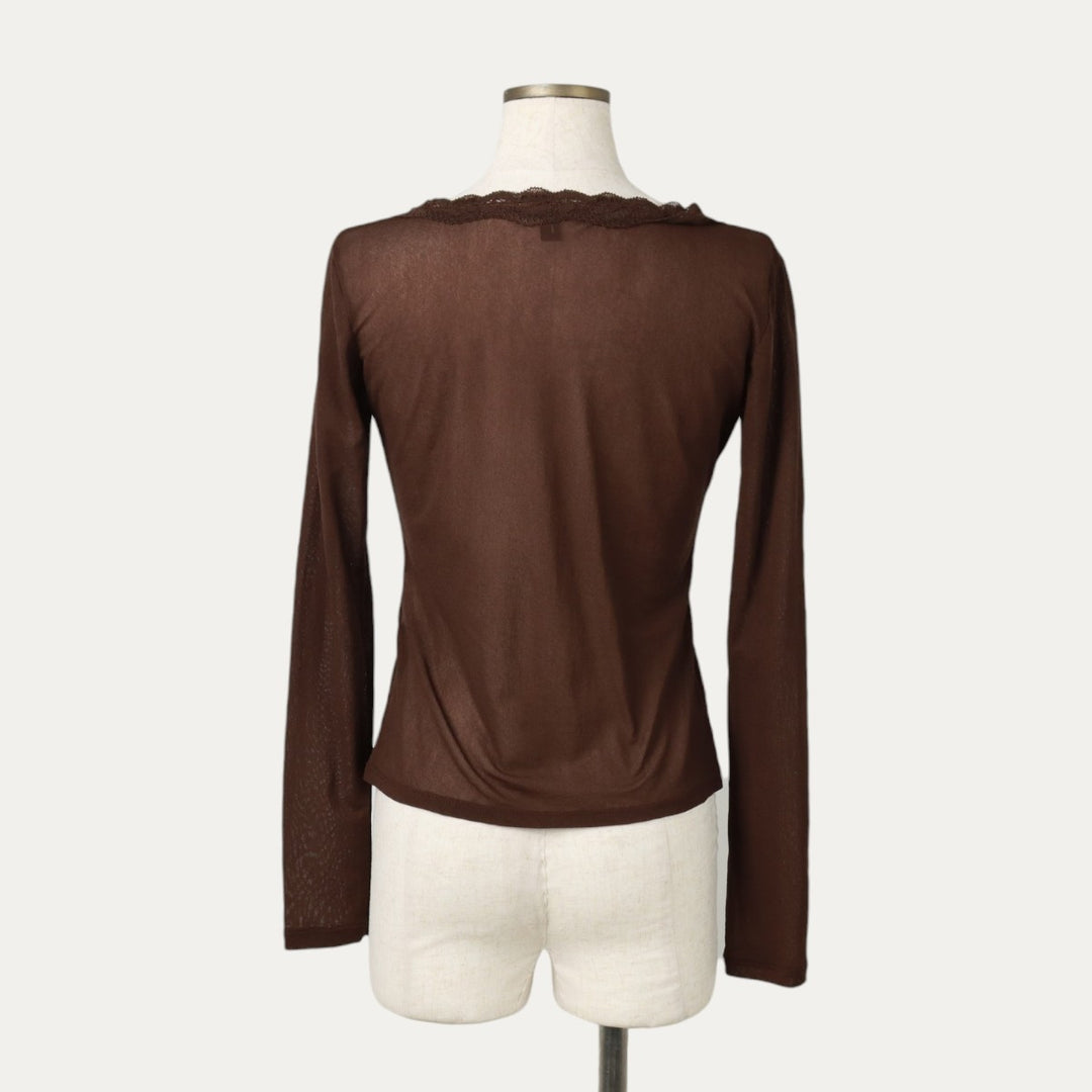 JNY JENNYFER V-neck Lace Long-Sleeve Sheer Blouse, Women's Size L (approx.) polyamide brown type Vintage Second Hand