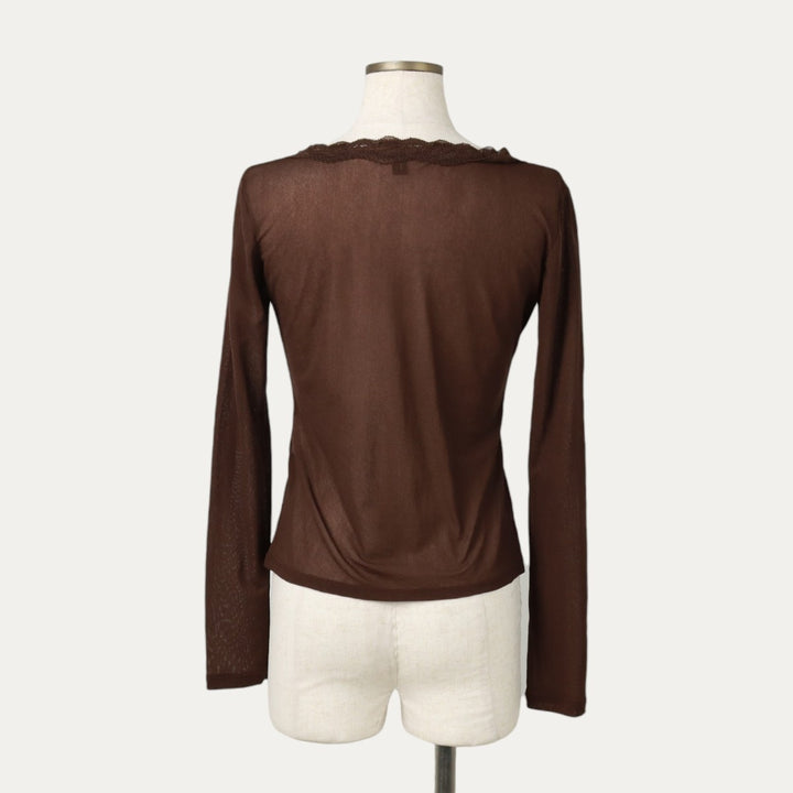 JNY JENNYFER V-neck Lace Long-Sleeve Sheer Blouse, Women's Size L (approx.) polyamide brown type Vintage Second Hand