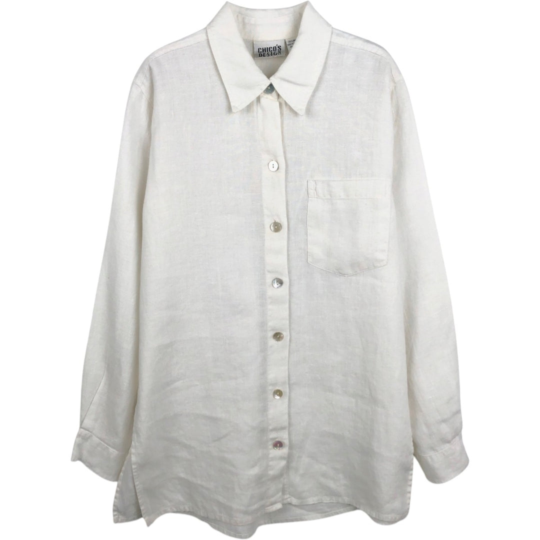 CHICO'S DESIGN Long-Sleeve Linen Shirt, Women's Size M (approx.) linen white type Vintage Second Hand