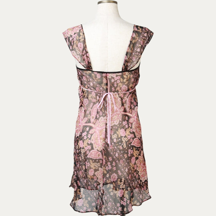 Flora all-over floral print half-length tunic with ruffles and ribbons, sheer, sleeveless, women's size S. unclear black type Vintage Second Hand