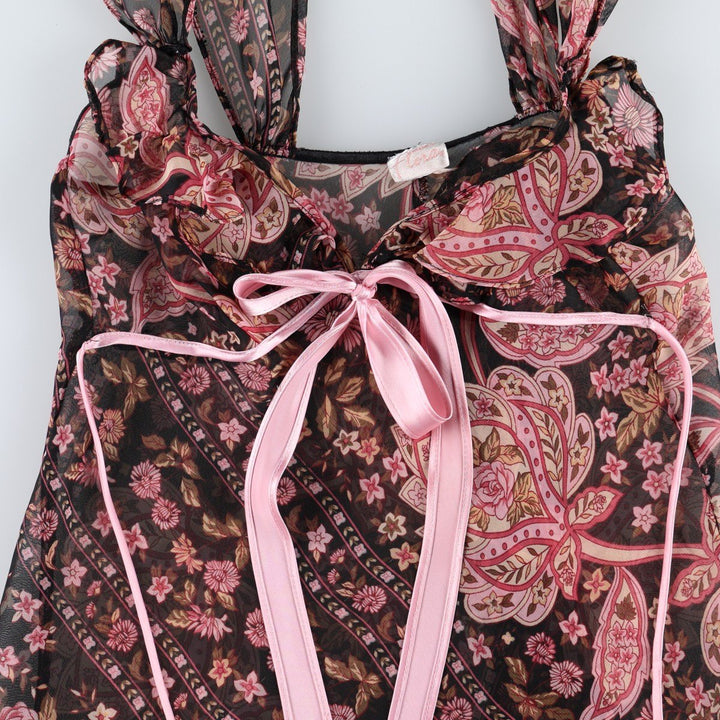 Flora all-over floral print half-length tunic with ruffles and ribbons, sheer, sleeveless, women's size S. unclear black type Vintage Second Hand