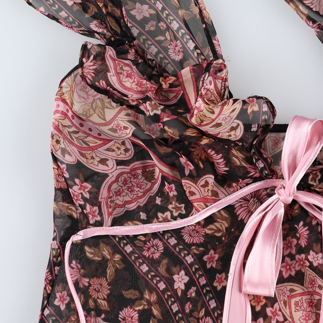 Flora all-over floral print half-length tunic with ruffles and ribbons, sheer, sleeveless, women's size S. unclear black type Vintage Second Hand
