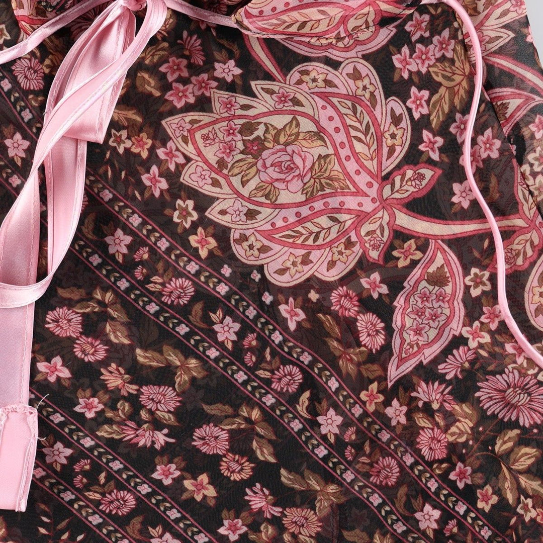 Flora all-over floral print half-length tunic with ruffles and ribbons, sheer, sleeveless, women's size S. unclear black type Vintage Second Hand