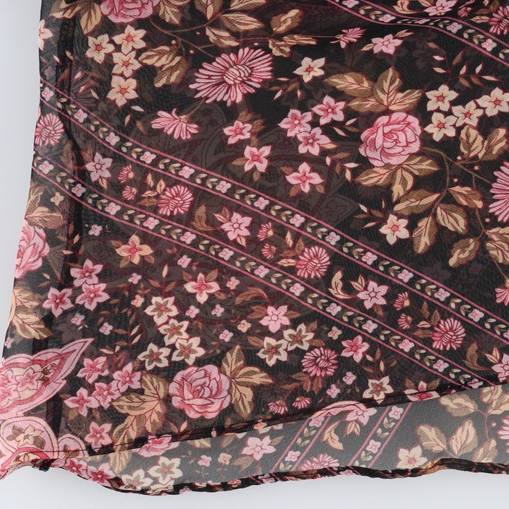 Flora all-over floral print half-length tunic with ruffles and ribbons, sheer, sleeveless, women's size S. unclear black type Vintage Second Hand