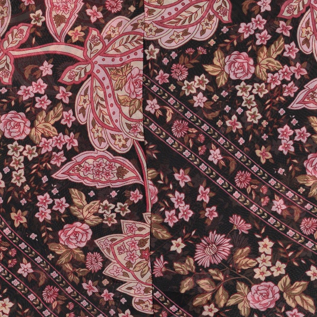 Flora all-over floral print half-length tunic with ruffles and ribbons, sheer, sleeveless, women's size S. unclear black type Vintage Second Hand