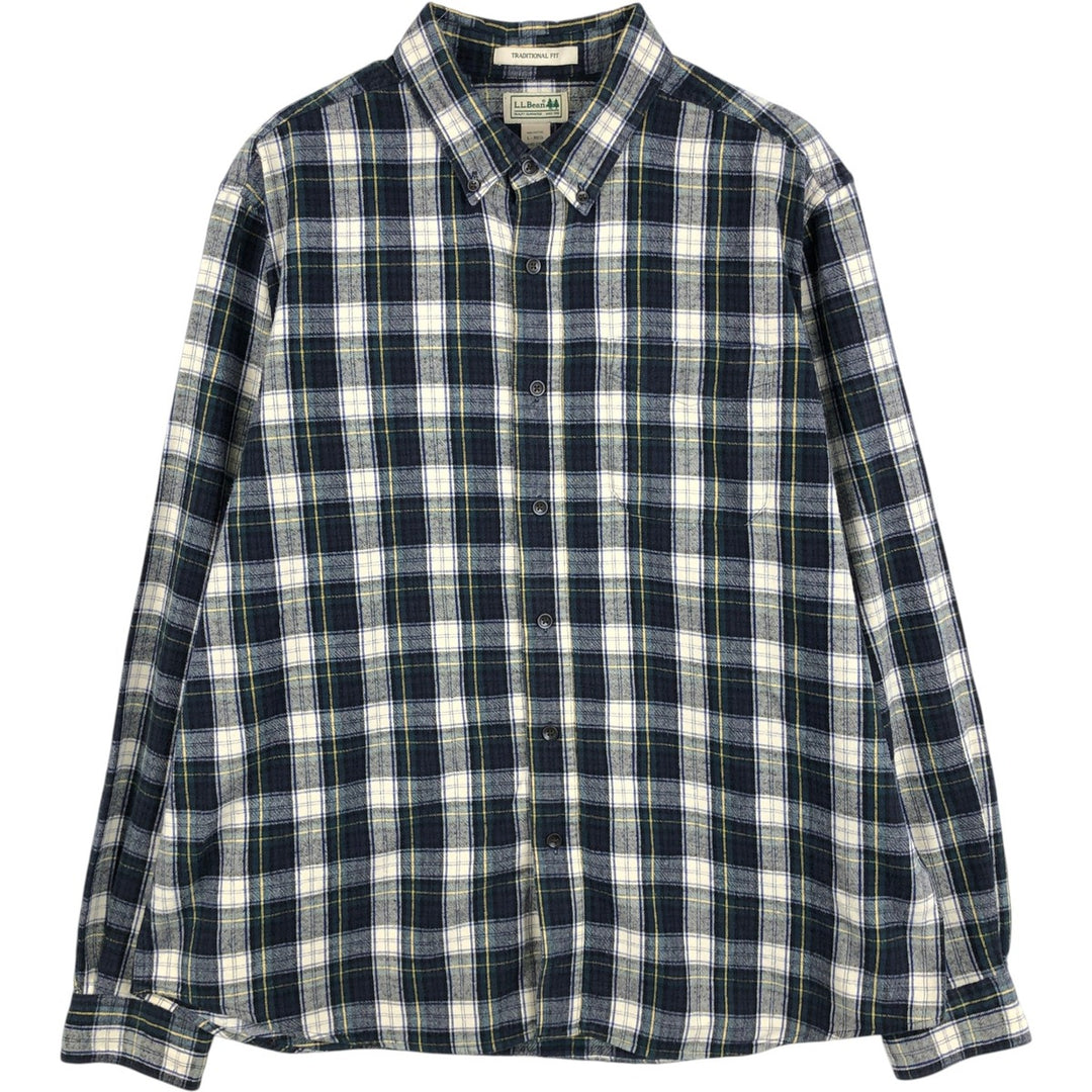 LLBean Traditional Fit Long-Sleeve Button-Down Flannel Shirt, Men's Size L (approx.) cotton navy blue type Vintage Second Hand