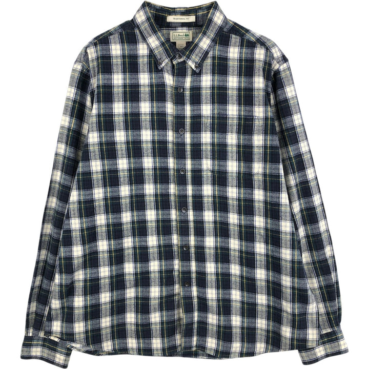 LLBean Traditional Fit Long-Sleeve Button-Down Flannel Shirt, Men's Size L (approx.) cotton navy blue type Vintage Second Hand