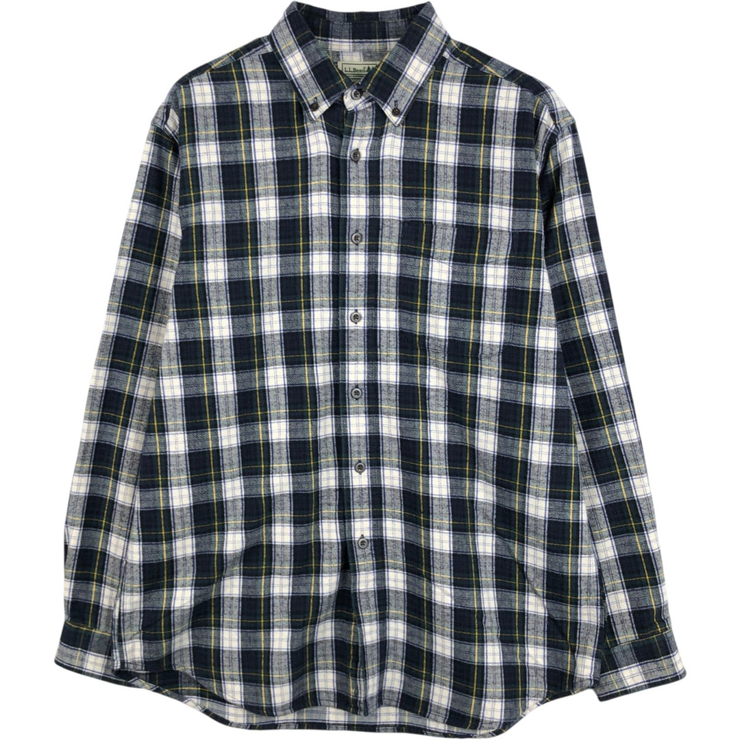 LLBean Long Sleeve Button Down Flannel Check Shirt Men's M Size cotton navy blue type Vintage Second Hand