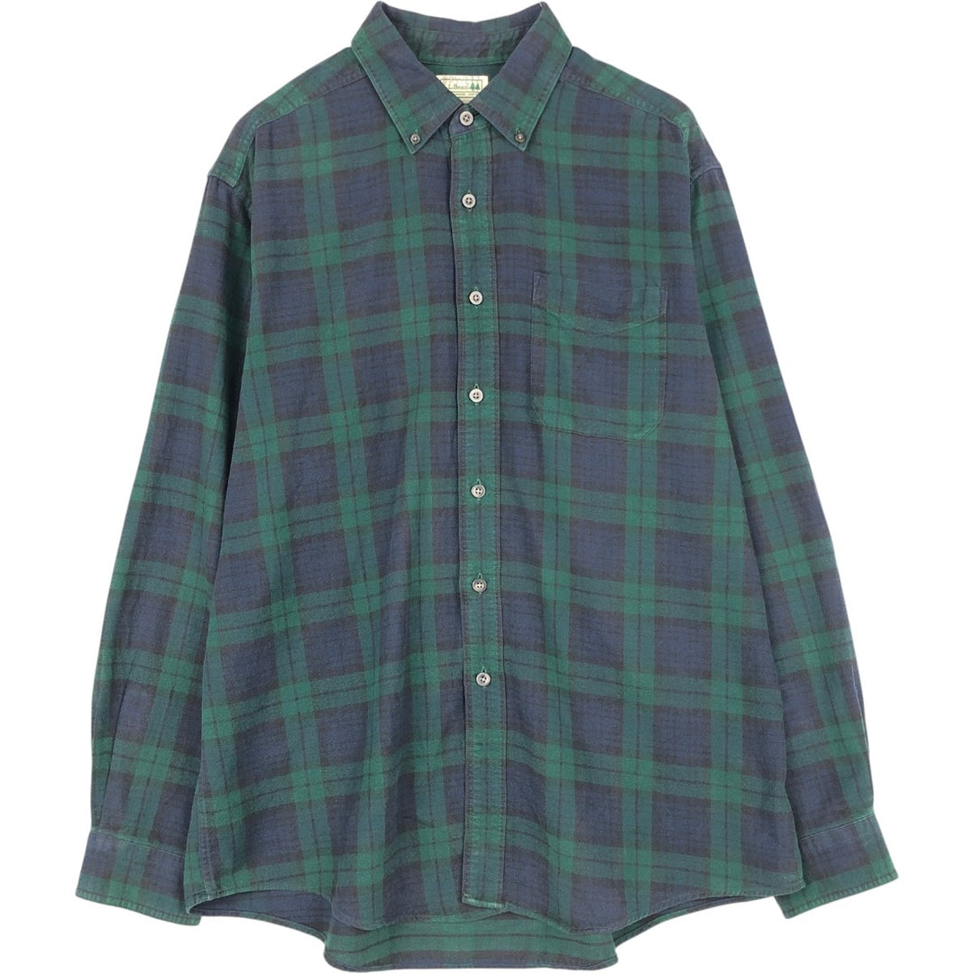 LLBean Blackwatch Check Long Sleeve Button-Down Flannel Check Shirt, Men's Size L cotton green type Vintage Second Hand