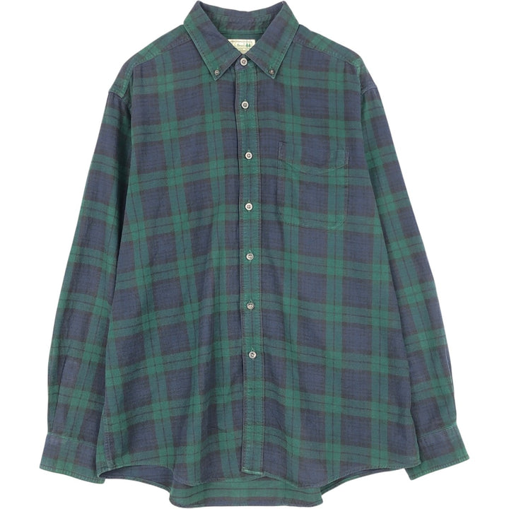 LLBean Blackwatch Check Long Sleeve Button-Down Flannel Check Shirt, Men's Size L cotton green type Vintage Second Hand