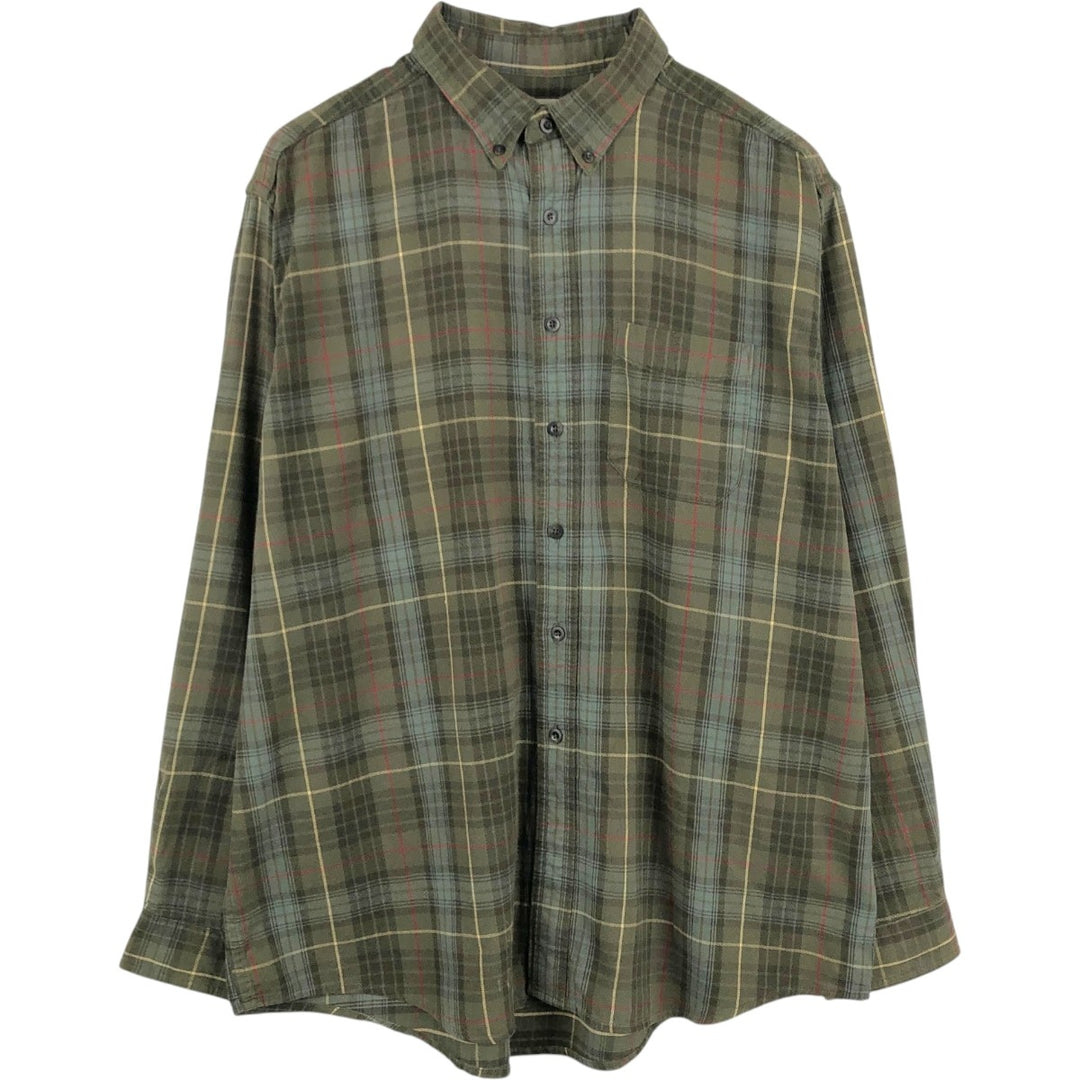 LLBean Long-Sleeve Button-Down Flannel Check Shirt, Made in Canada, Men's Size XL (approx.) cotton green type Vintage Second Hand