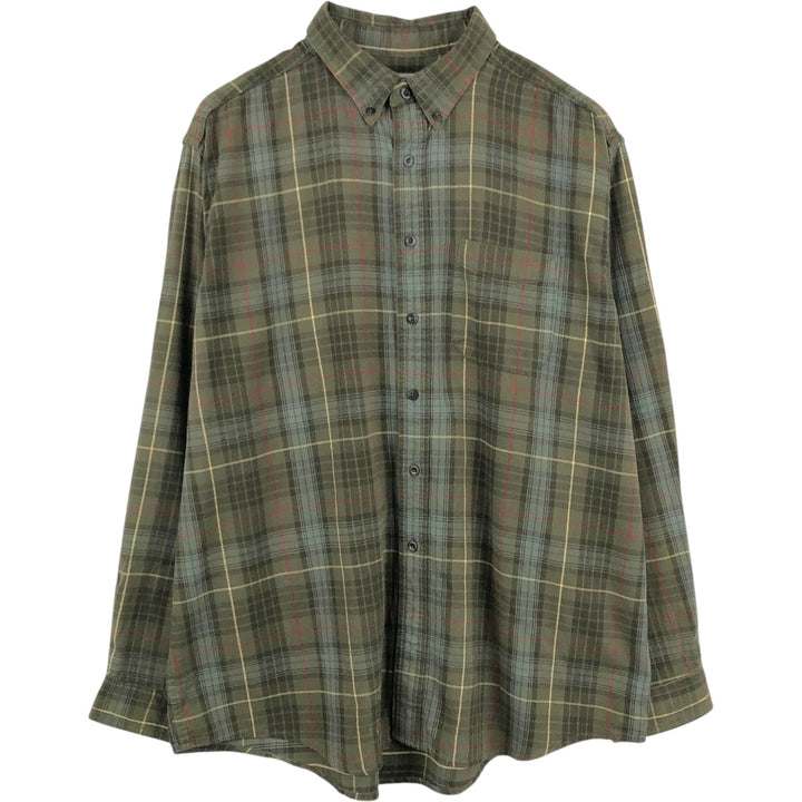 LLBean Long-Sleeve Button-Down Flannel Check Shirt, Made in Canada, Men's Size XL (approx.) cotton green type Vintage Second Hand