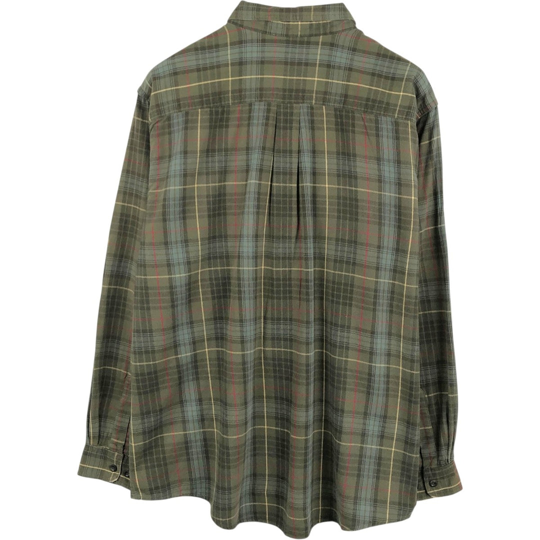 LLBean Long-Sleeve Button-Down Flannel Check Shirt, Made in Canada, Men's Size XL (approx.) cotton green type Vintage Second Hand