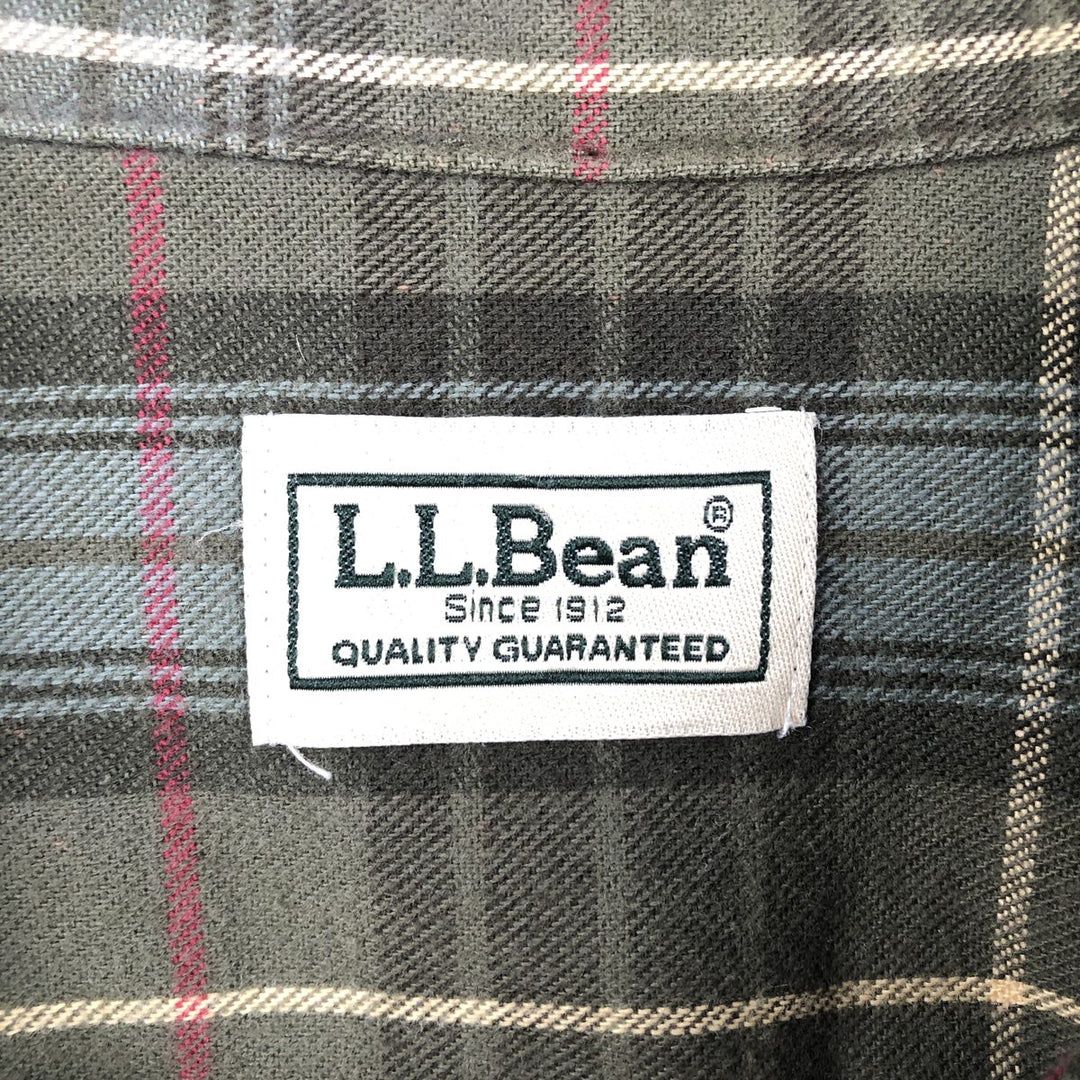 LLBean Long-Sleeve Button-Down Flannel Check Shirt, Made in Canada, Men's Size XL (approx.) cotton green type Vintage Second Hand