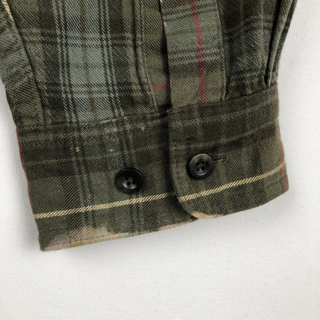 LLBean Long-Sleeve Button-Down Flannel Check Shirt, Made in Canada, Men's Size XL (approx.) cotton green type Vintage Second Hand
