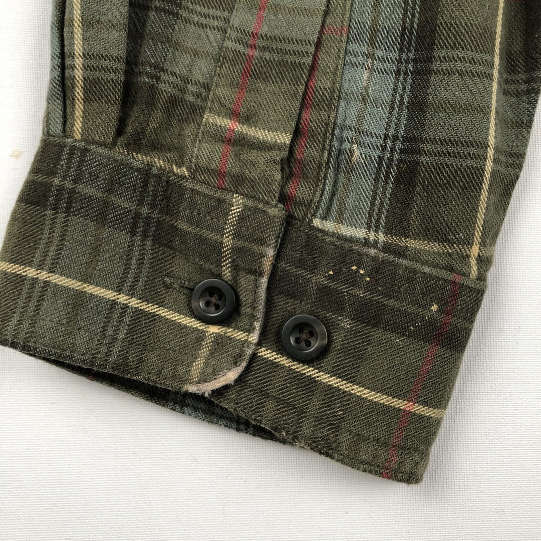 LLBean Long-Sleeve Button-Down Flannel Check Shirt, Made in Canada, Men's Size XL (approx.) cotton green type Vintage Second Hand