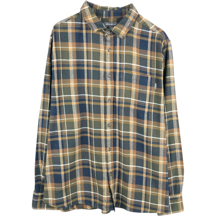 Eddie Bauer Long-Sleeve Light Flannel Check Shirt, Wide Collar, Men's Size XL (approx.) cotton brown type Vintage Second Hand