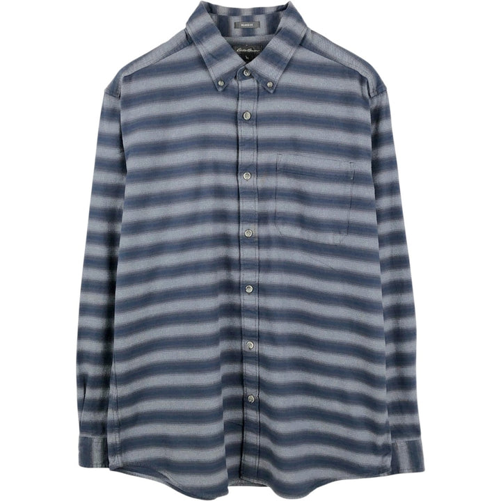 Eddie Bauer Relaxed Fit Striped Pattern Long-Sleeve Flannel Shirt, Men's Size L (approx.) cotton navy blue type Vintage Second Hand