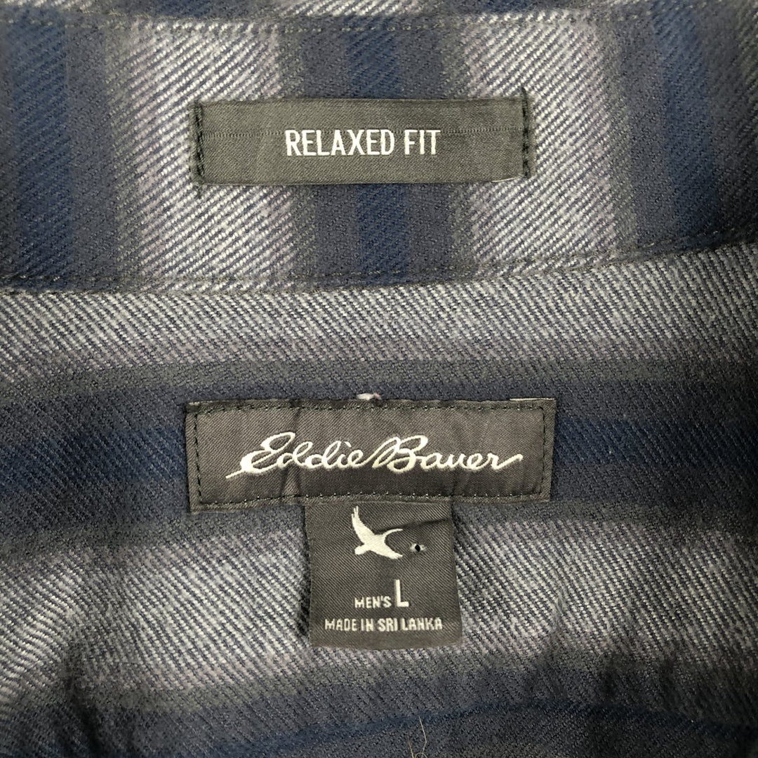 Eddie Bauer Relaxed Fit Striped Pattern Long-Sleeve Flannel Shirt, Men's Size L (approx.) cotton navy blue type Vintage Second Hand
