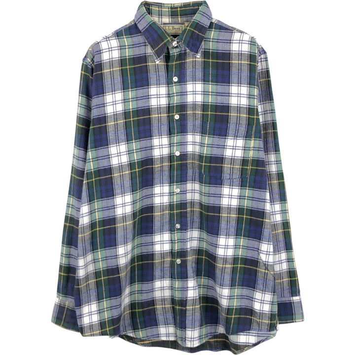 1980'S LL Bean Long-Sleeve Flannel Check Shirt, Made in USA, Men's Size M (approx.) cotton blue type Vintage Second Hand