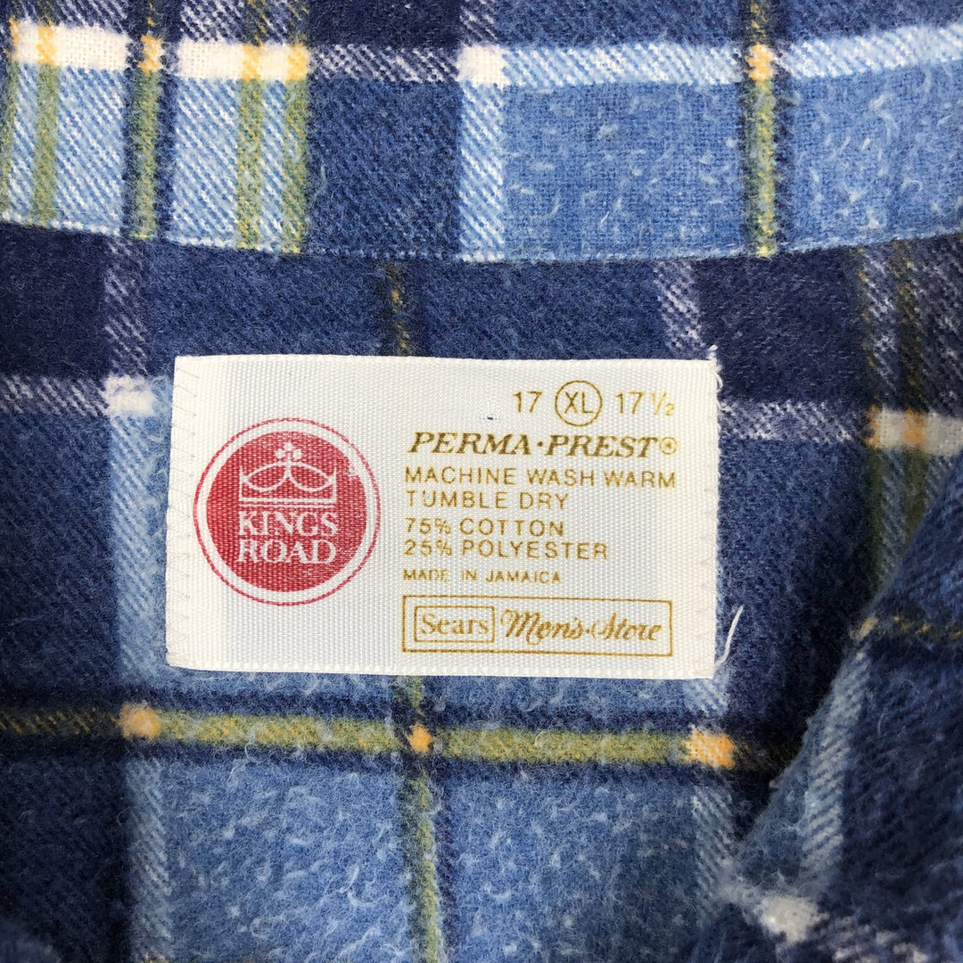 Sears King's Road Long-Sleeve Flannel Check Shirt, Men's Size XL (approx.) cotton blue type Vintage Second Hand