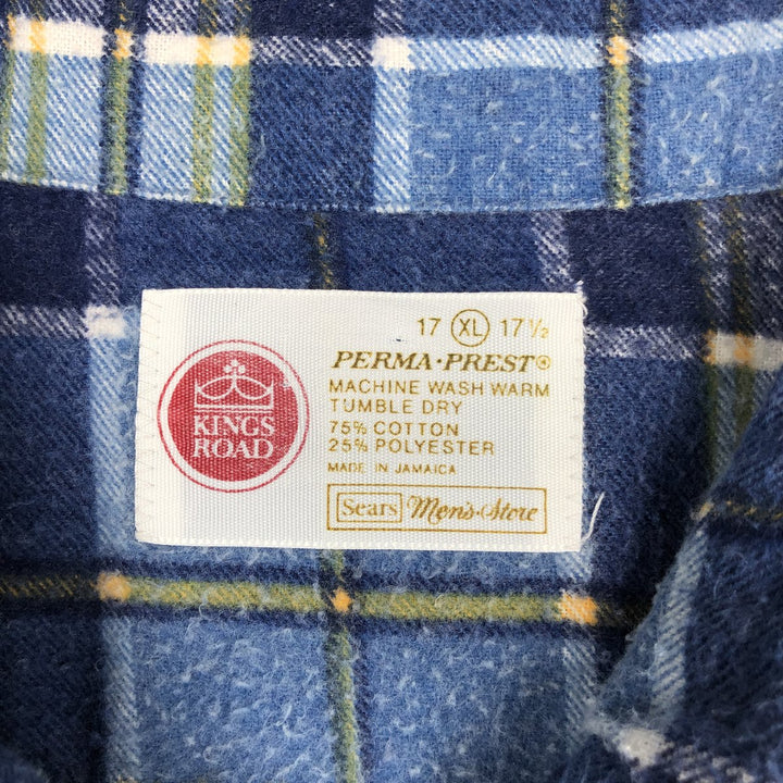 Sears King's Road Long-Sleeve Flannel Check Shirt, Men's Size XL (approx.) cotton blue type Vintage Second Hand