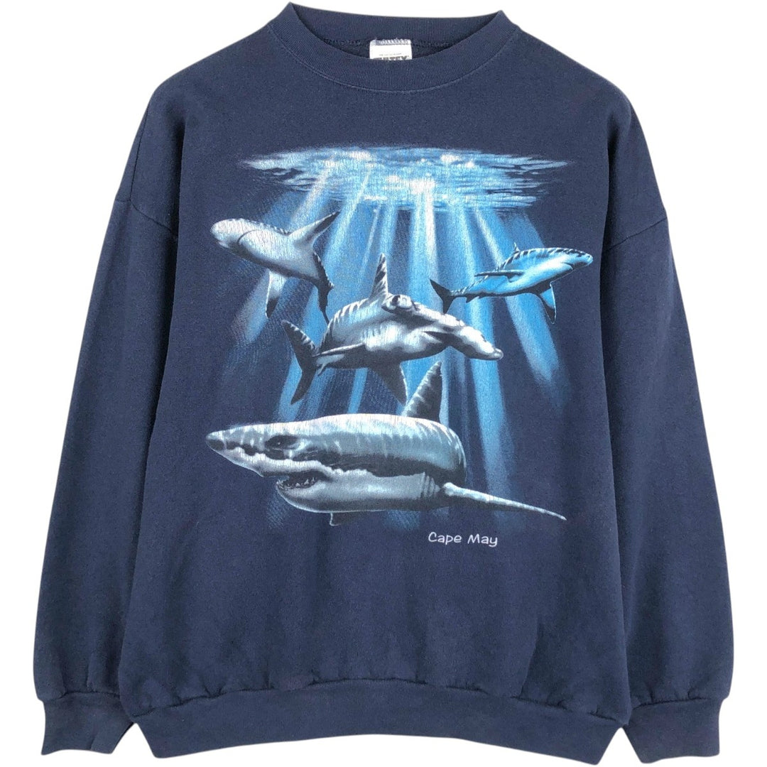 90'S TULTEX Shark Pattern Animal Sweatshirt, Made in USA, Men's XL equivalent, Vintage cotton navy blue type Vintage Second Hand