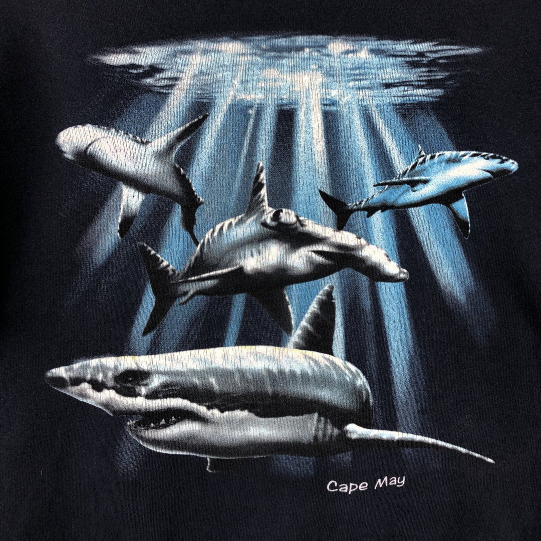 90'S TULTEX Shark Pattern Animal Sweatshirt, Made in USA, Men's XL equivalent, Vintage cotton navy blue type Vintage Second Hand