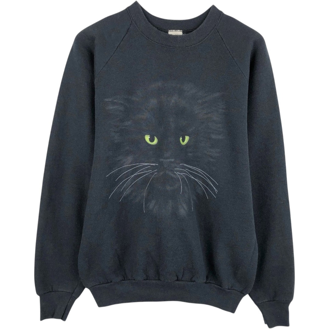 80'S Fruit of the Loom Cat Pattern Animal Sweatshirt, Made in USA, Men's XL equivalent. cotton black type Vintage Second Hand