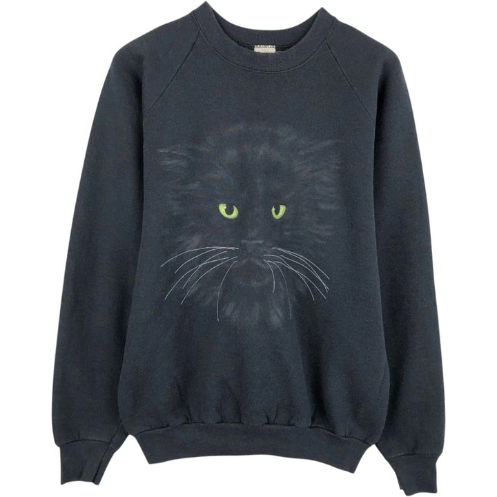 80'S Fruit of the Loom Cat Pattern Animal Sweatshirt, Made in USA, Men's XL equivalent. cotton black type Vintage Second Hand