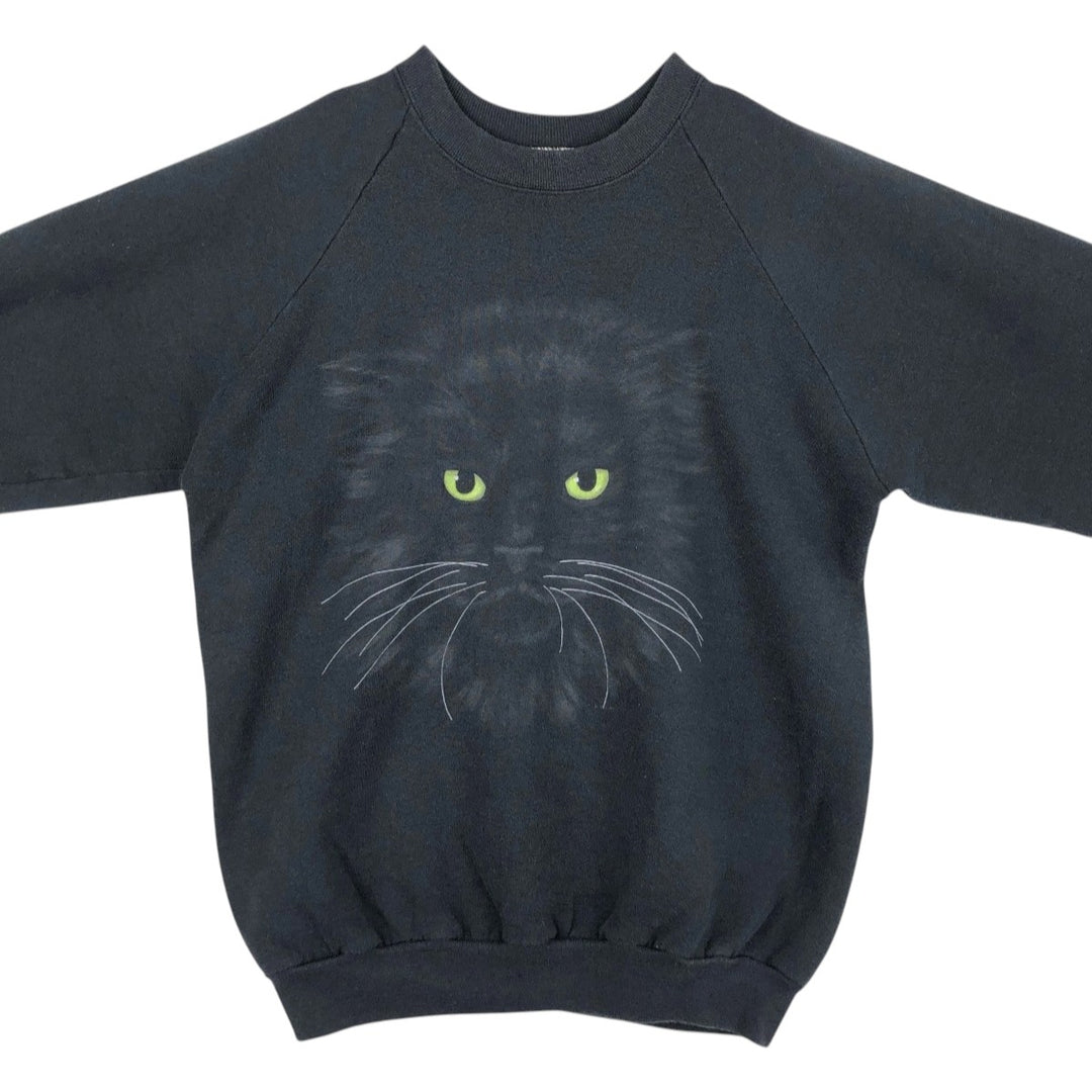 80'S Fruit of the Loom Cat Pattern Animal Sweatshirt, Made in USA, Men's XL equivalent. cotton black type Vintage Second Hand