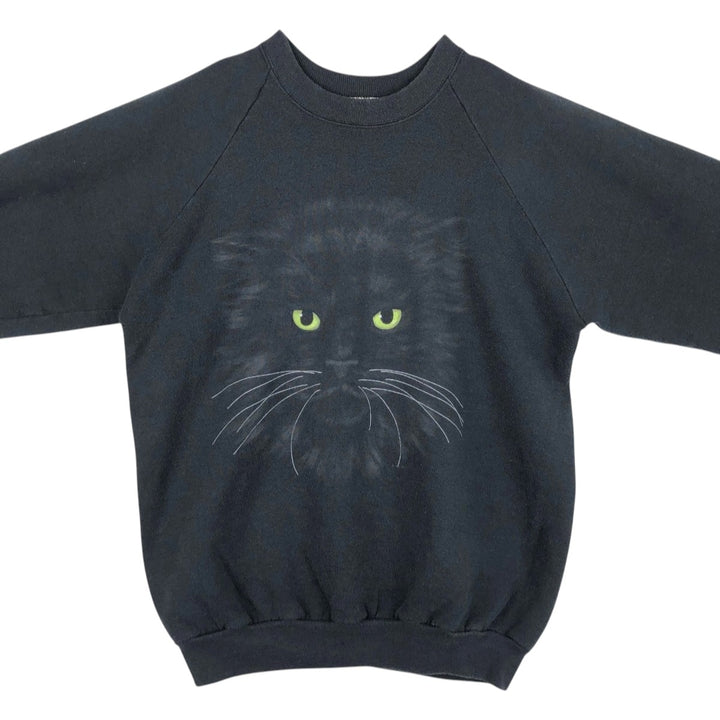 80'S Fruit of the Loom Cat Pattern Animal Sweatshirt, Made in USA, Men's XL equivalent. cotton black type Vintage Second Hand