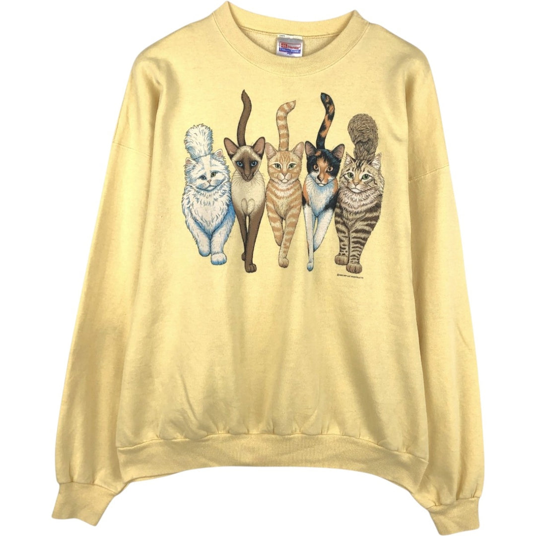 90'S Hanes COMFORTBLEND Cat Pattern Animal Sweatshirt, Men's XXL equivalent, Vintage cotton yellow type Vintage Second Hand