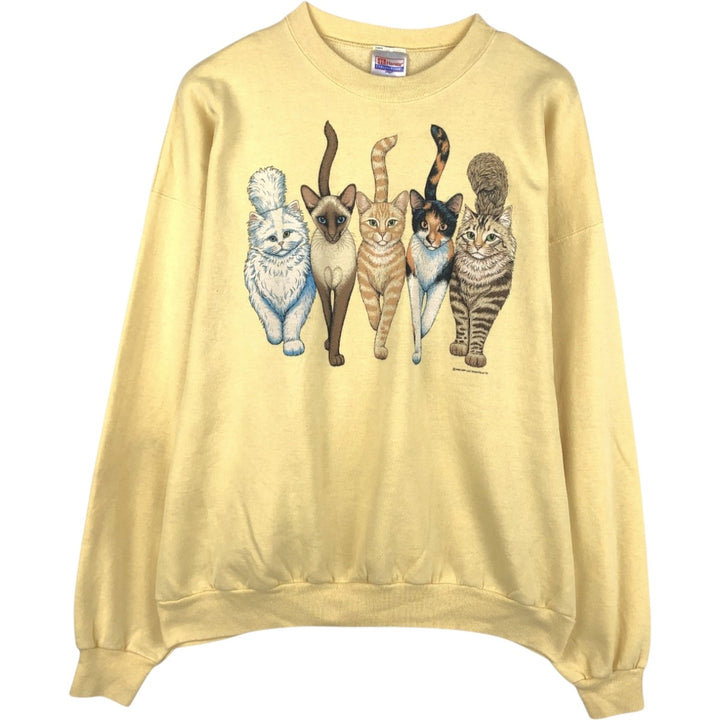 90'S Hanes COMFORTBLEND Cat Pattern Animal Sweatshirt, Men's XXL equivalent, Vintage cotton yellow type Vintage Second Hand