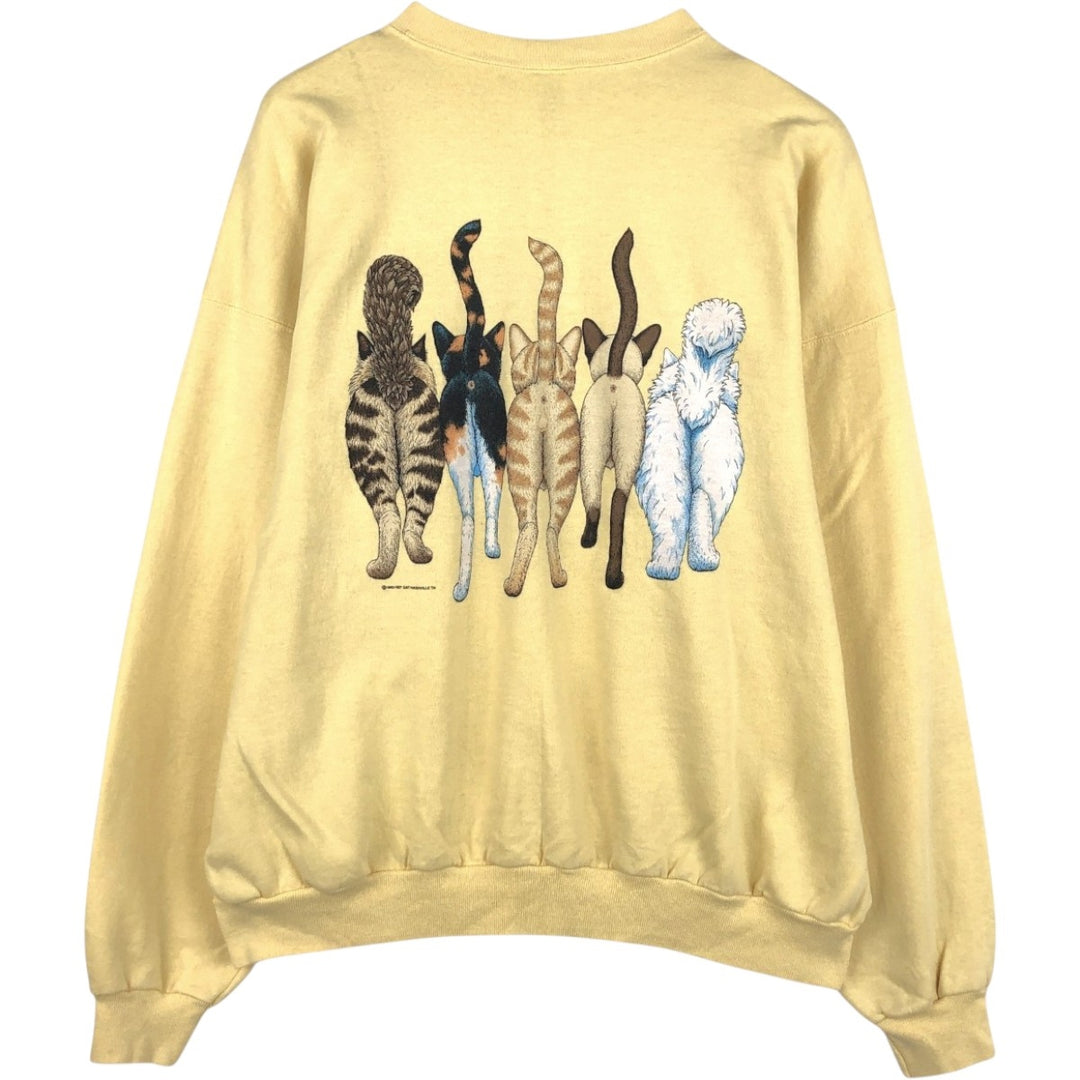 90'S Hanes COMFORTBLEND Cat Pattern Animal Sweatshirt, Men's XXL equivalent, Vintage cotton yellow type Vintage Second Hand